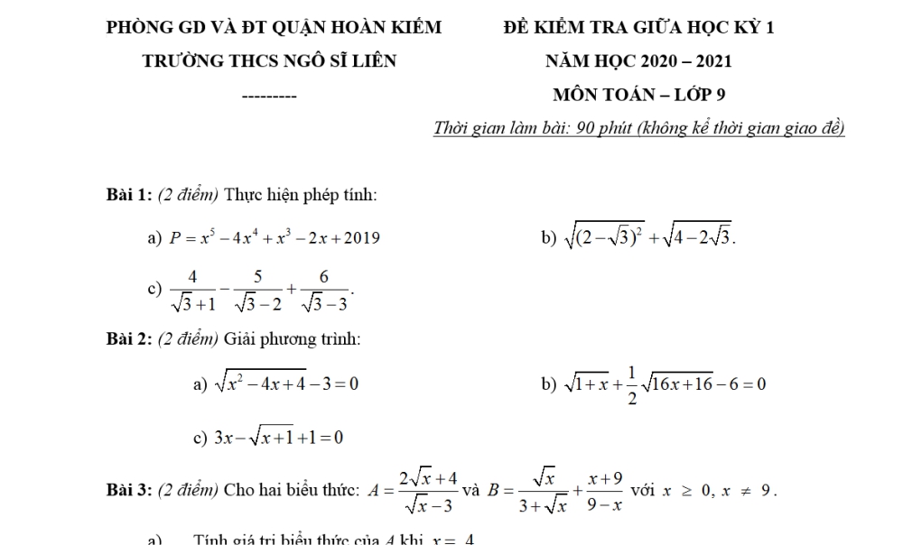 Toán 9: Đề kiểm tra giữa học kỳ 1. Trường THCS Ngô Sĩ Liên năm học 2020-2021